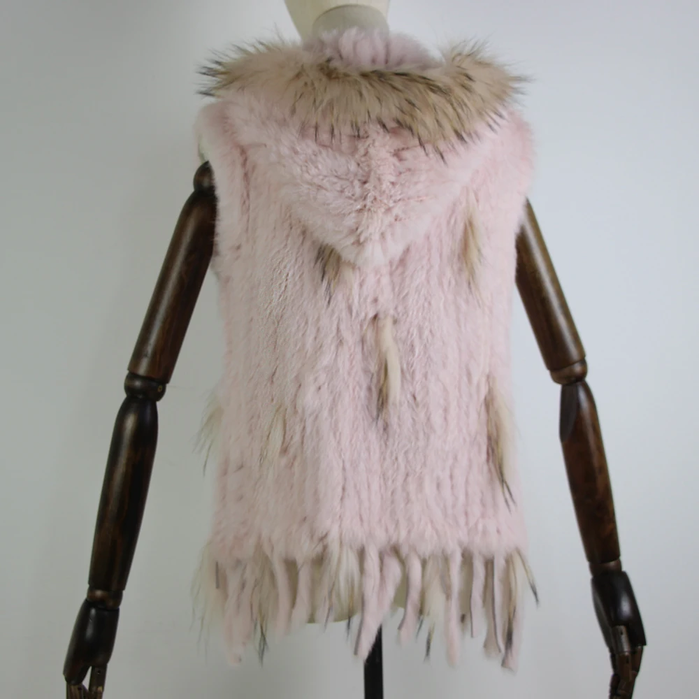 Harppihop fashion rabbit fur vest raccoon fur trimming knitted rabbit fur vest with hood fur waistcoat gilet