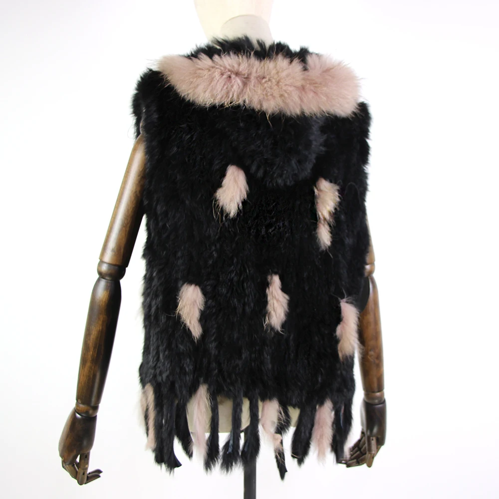 Harppihop fashion rabbit fur vest raccoon fur trimming knitted rabbit fur vest with hood fur waistcoat gilet