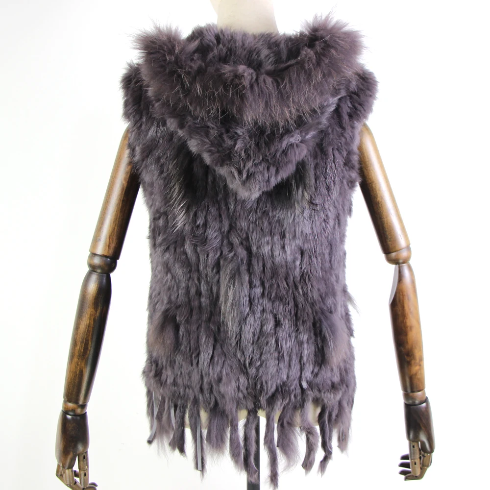 Harppihop fashion rabbit fur vest raccoon fur trimming knitted rabbit fur vest with hood fur waistcoat gilet
