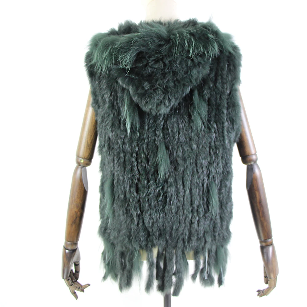 Harppihop fashion rabbit fur vest raccoon fur trimming knitted rabbit fur vest with hood fur waistcoat gilet