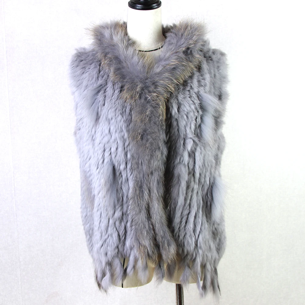 Harppihop fashion rabbit fur vest raccoon fur trimming knitted rabbit fur vest with hood fur waistcoat gilet
