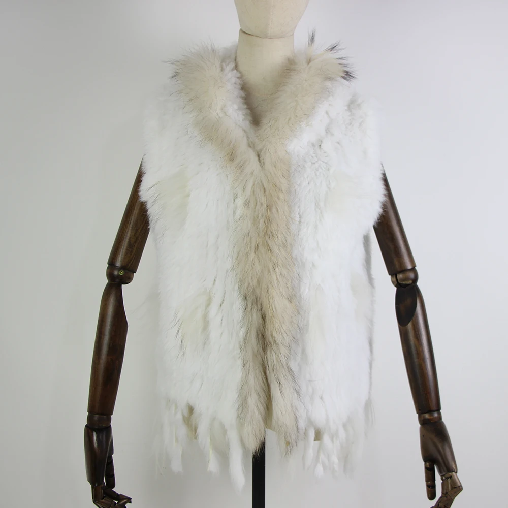Harppihop fashion rabbit fur vest raccoon fur trimming knitted rabbit fur vest with hood fur waistcoat gilet