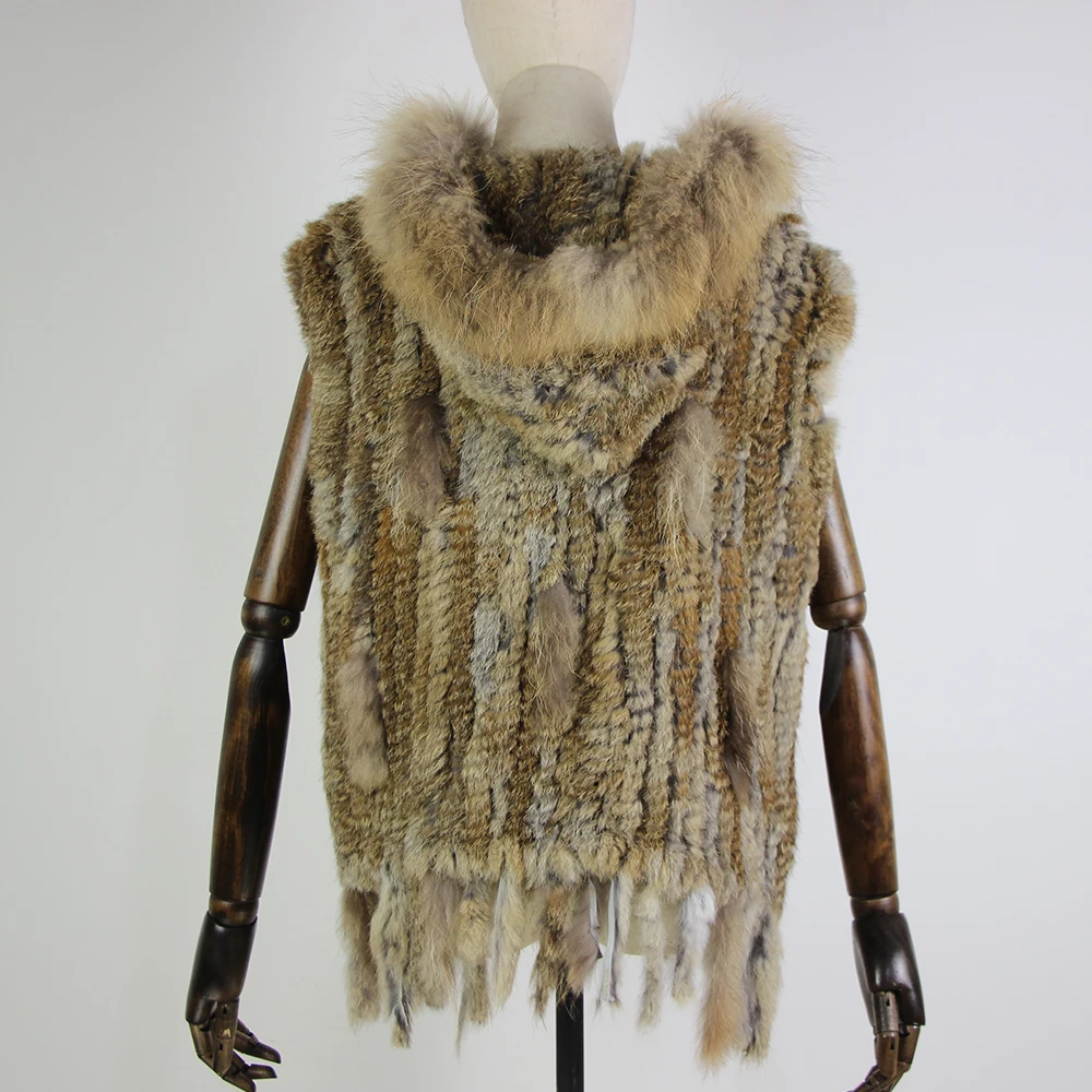 Harppihop fashion rabbit fur vest raccoon fur trimming knitted rabbit fur vest with hood fur waistcoat gilet