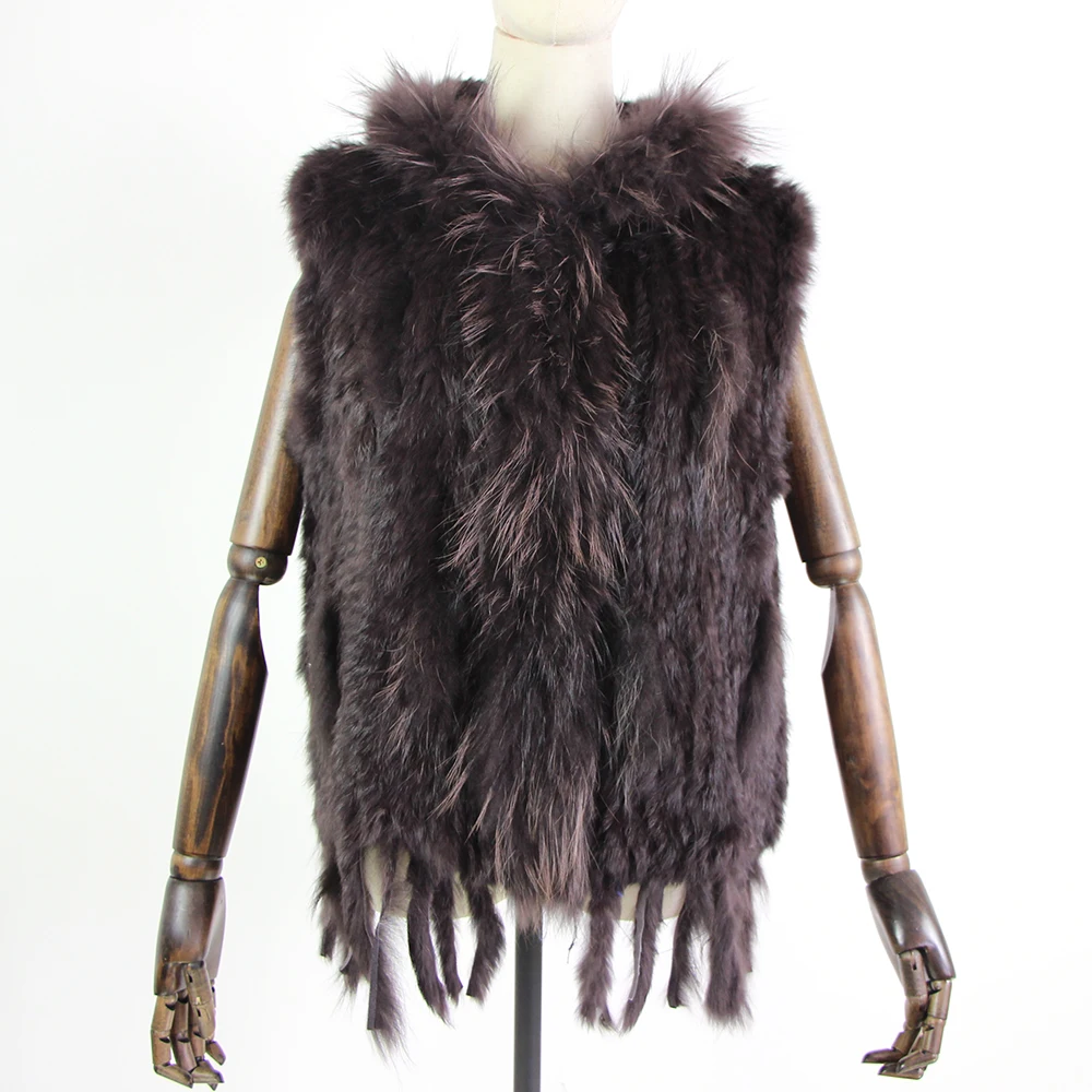 Harppihop fashion rabbit fur vest raccoon fur trimming knitted rabbit fur vest with hood fur waistcoat gilet