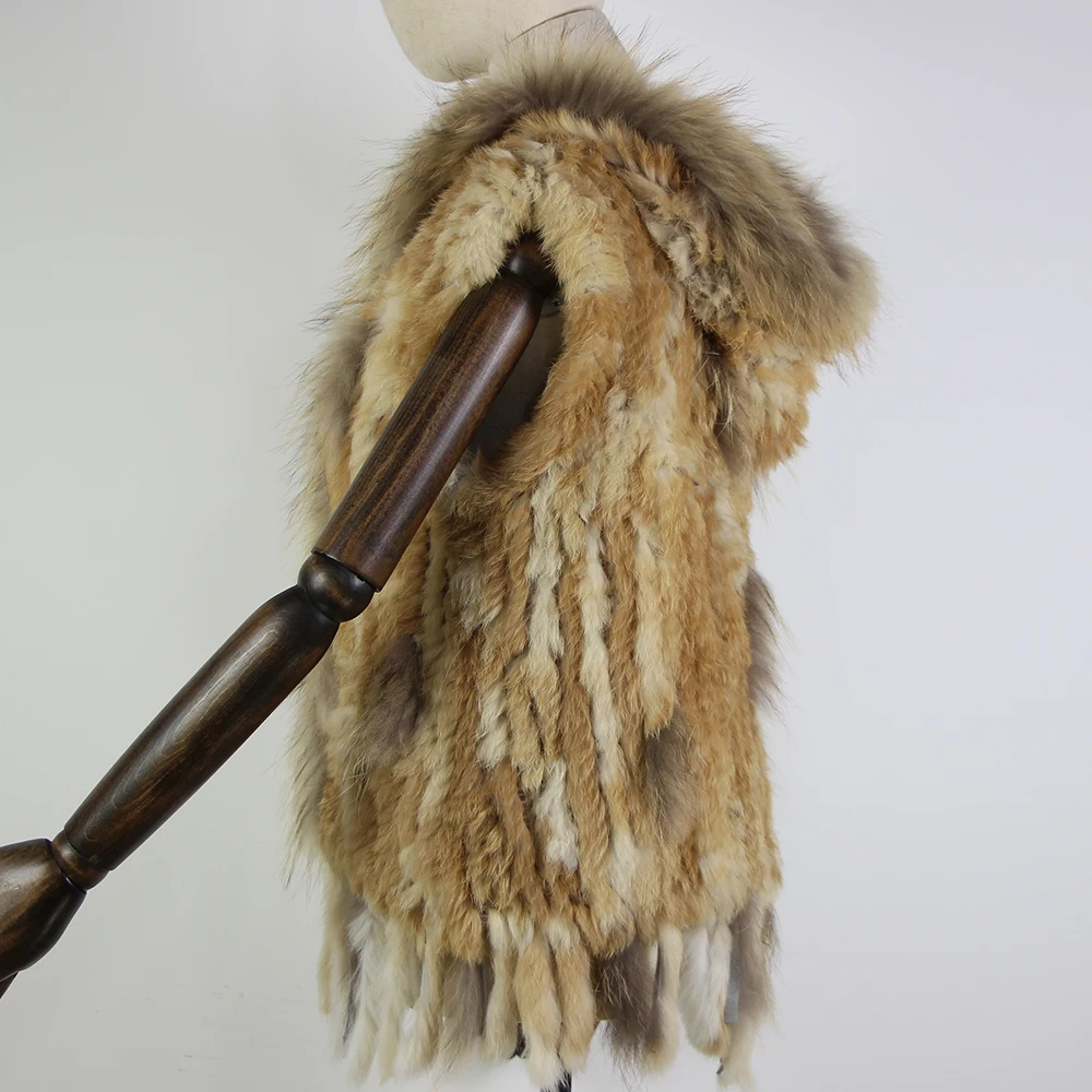 Harppihop fashion rabbit fur vest raccoon fur trimming knitted rabbit fur vest with hood fur waistcoat gilet