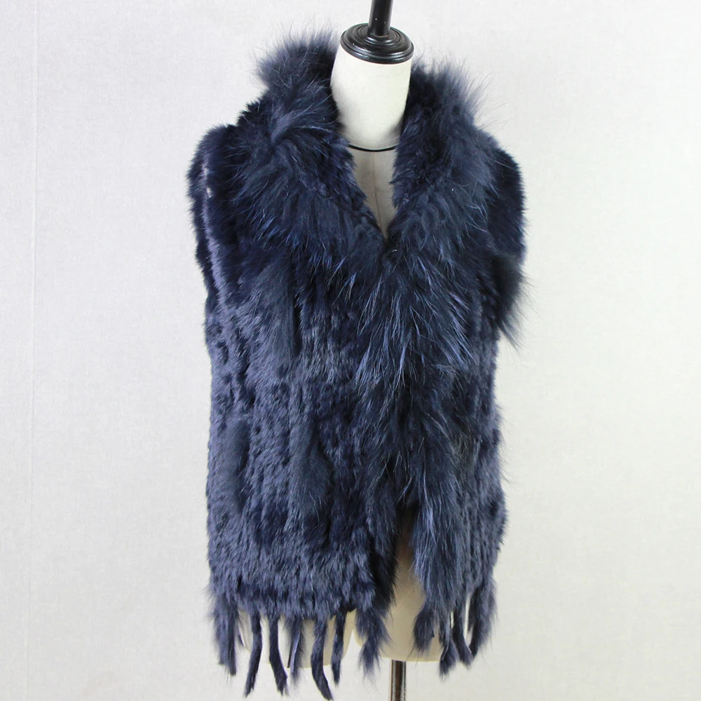 Harppihop fashion rabbit fur vest raccoon fur trimming knitted rabbit fur vest with hood fur waistcoat gilet