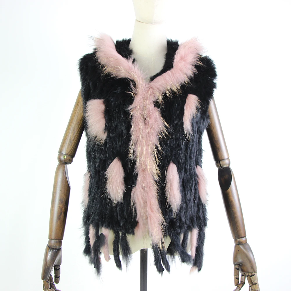 Harppihop fashion rabbit fur vest raccoon fur trimming knitted rabbit fur vest with hood fur waistcoat gilet