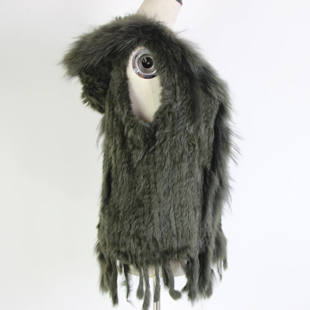 Harppihop fashion rabbit fur vest raccoon fur trimming knitted rabbit fur vest with hood fur waistcoat gilet