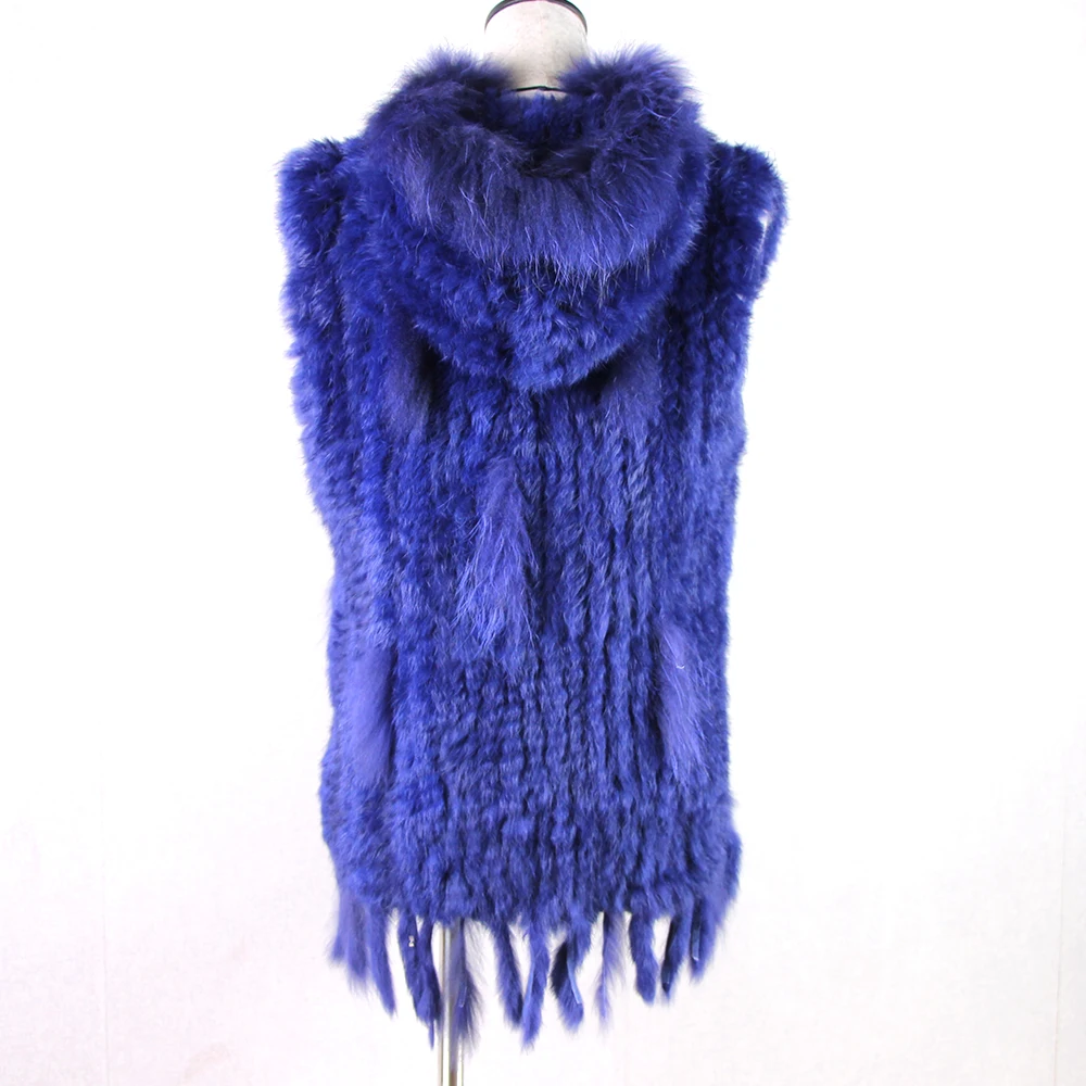 Harppihop fashion rabbit fur vest raccoon fur trimming knitted rabbit fur vest with hood fur waistcoat gilet