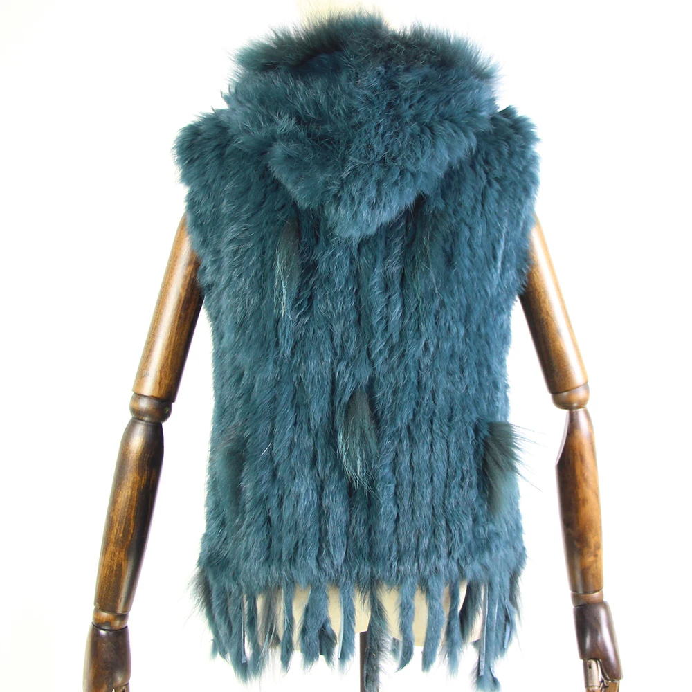 Harppihop fashion rabbit fur vest raccoon fur trimming knitted rabbit fur vest with hood fur waistcoat gilet