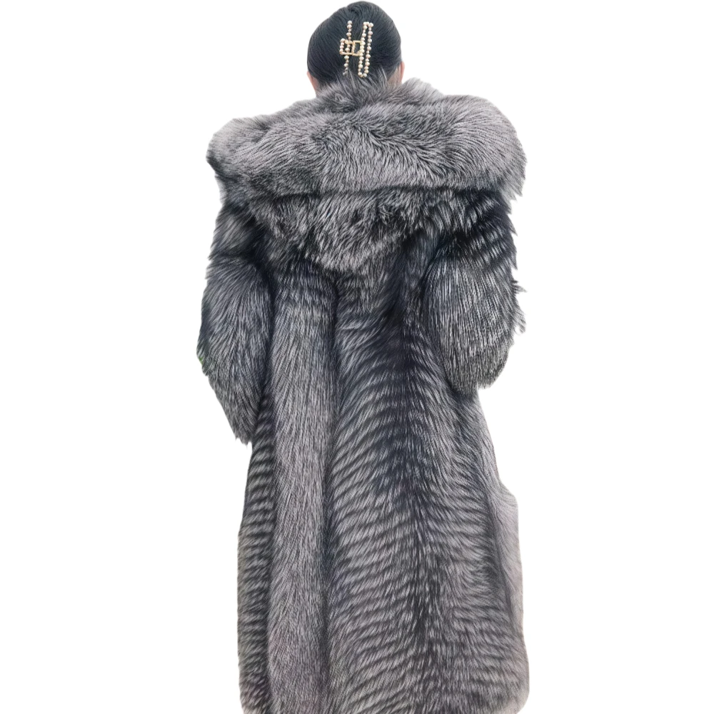 Women Winter Coat Real Fox Fur Coat X-long Luxury Clothes Hooded Natural Fluffy Fur Jacket Ladies Fashion Streetwear Hot