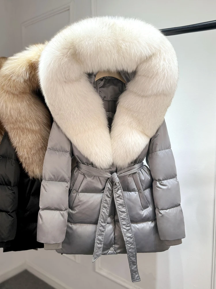 2025 New Natural Thick Warm 90% White Goose Down Coat Long Winter Jacket Women Real Big Fox Fur Collar Belt Loose Puffer Parka