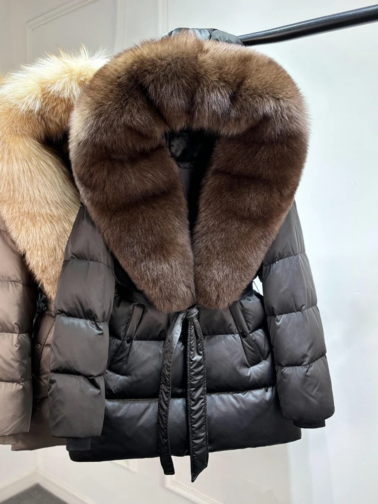 2025 New Natural Thick Warm 90% White Goose Down Coat Long Winter Jacket Women Real Big Fox Fur Collar Belt Loose Puffer Parka