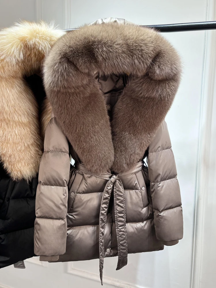 2025 New Natural Thick Warm 90% White Goose Down Coat Long Winter Jacket Women Real Big Fox Fur Collar Belt Loose Puffer Parka