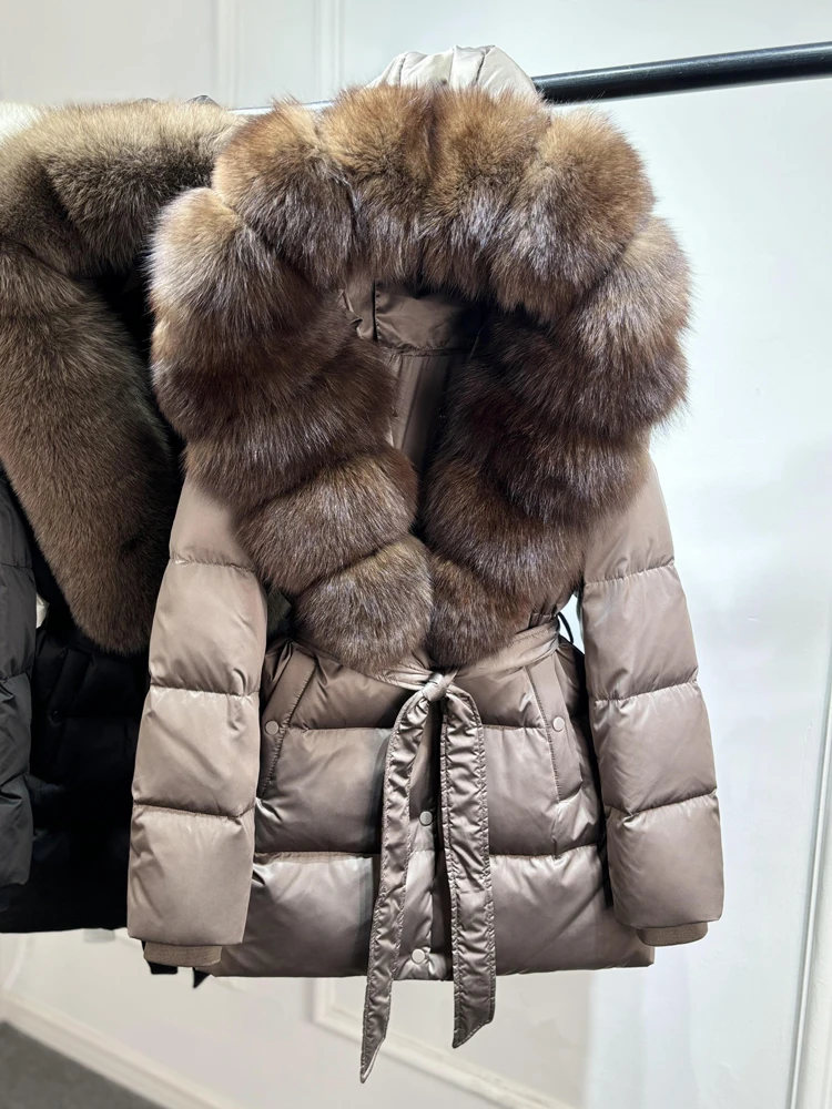 2025 New Natural Thick Warm 90% White Goose Down Coat Long Winter Jacket Women Real Big Fox Fur Collar Belt Loose Puffer Parka