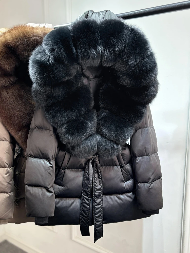 2025 New Natural Thick Warm 90% White Goose Down Coat Long Winter Jacket Women Real Big Fox Fur Collar Belt Loose Puffer Parka
