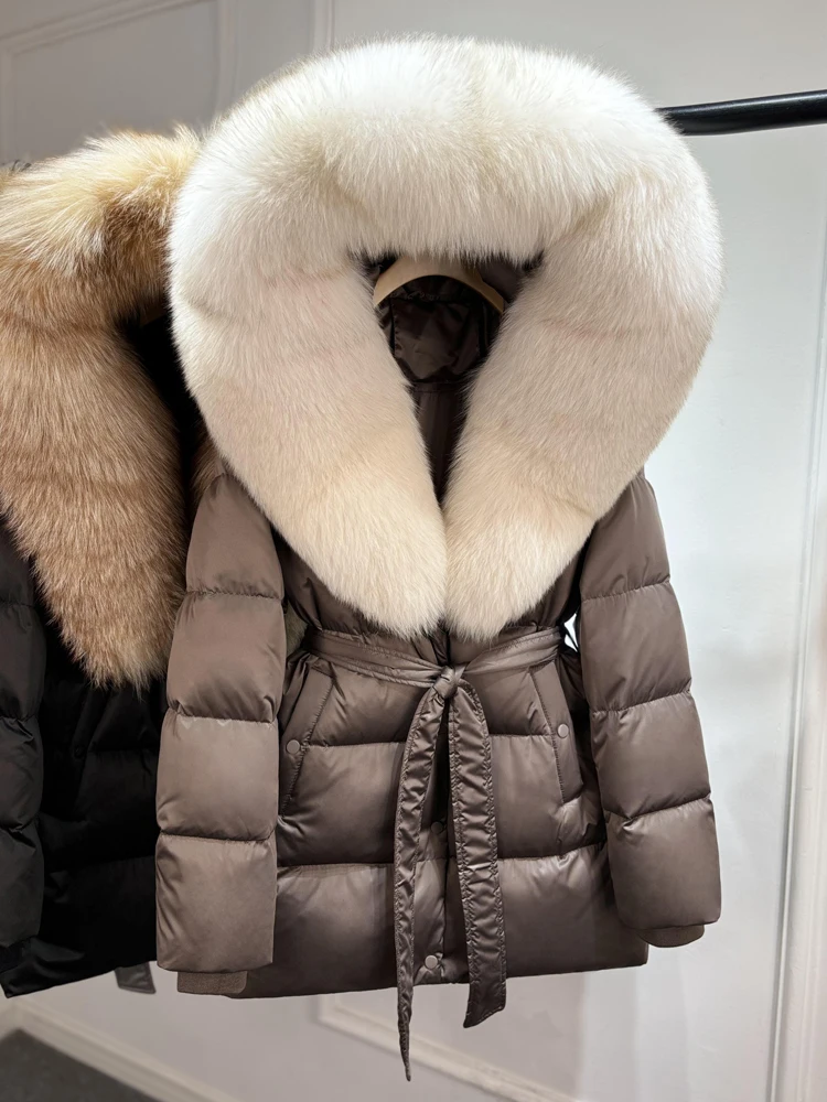 2025 New Natural Thick Warm 90% White Goose Down Coat Long Winter Jacket Women Real Big Fox Fur Collar Belt Loose Puffer Parka