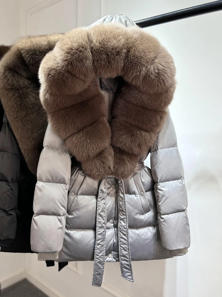 2025 New Natural Thick Warm 90% White Goose Down Coat Long Winter Jacket Women Real Big Fox Fur Collar Belt Loose Puffer Parka