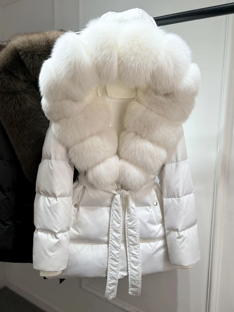 2025 New Natural Thick Warm 90% White Goose Down Coat Long Winter Jacket Women Real Big Fox Fur Collar Belt Loose Puffer Parka