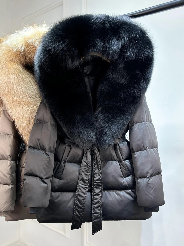2025 New Natural Thick Warm 90% White Goose Down Coat Long Winter Jacket Women Real Big Fox Fur Collar Belt Loose Puffer Parka