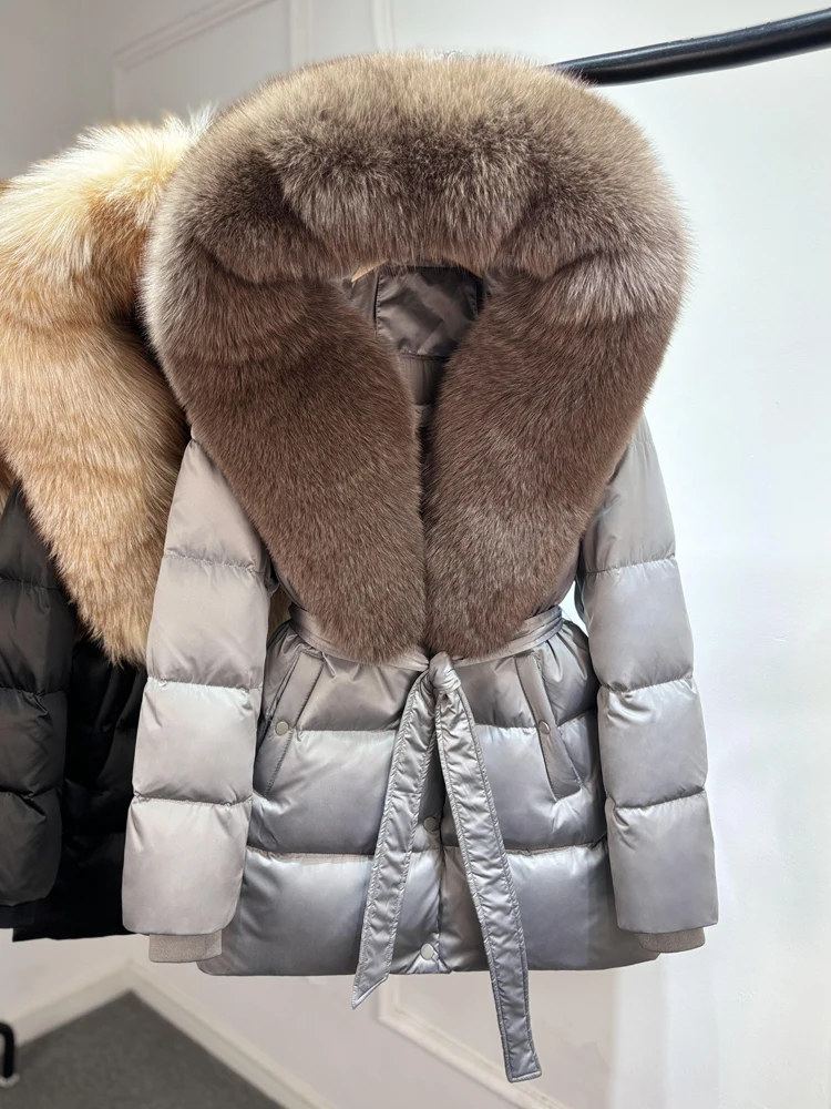 2025 New Natural Thick Warm 90% White Goose Down Coat Long Winter Jacket Women Real Big Fox Fur Collar Belt Loose Puffer Parka