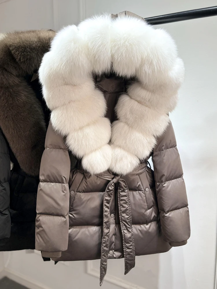 2025 New Natural Thick Warm 90% White Goose Down Coat Long Winter Jacket Women Real Big Fox Fur Collar Belt Loose Puffer Parka