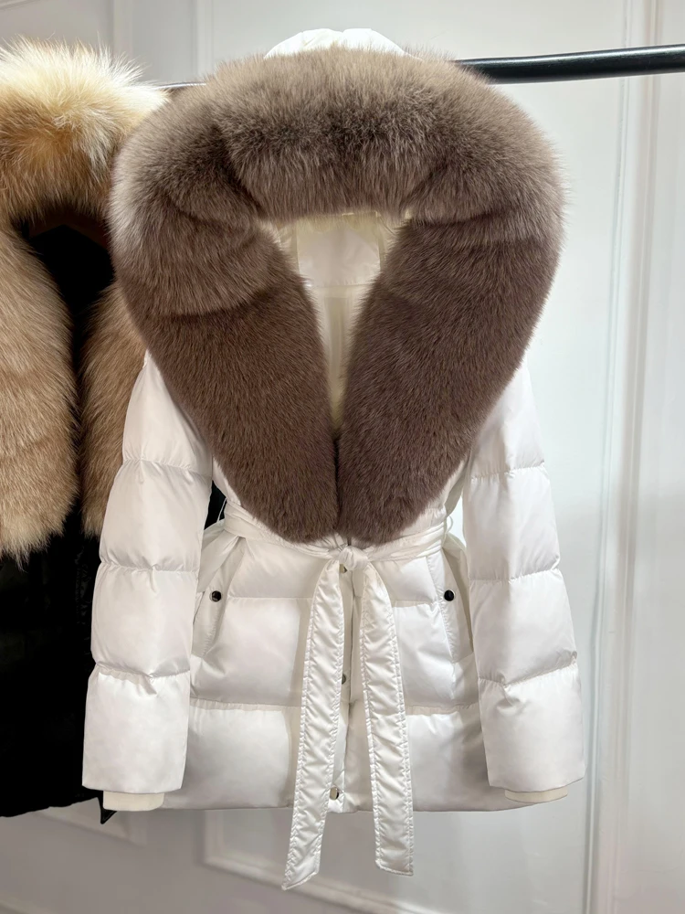 2025 New Natural Thick Warm 90% White Goose Down Coat Long Winter Jacket Women Real Big Fox Fur Collar Belt Loose Puffer Parka