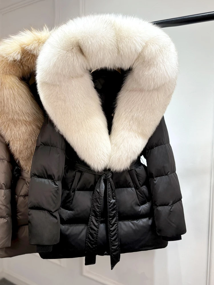 2025 New Natural Thick Warm 90% White Goose Down Coat Long Winter Jacket Women Real Big Fox Fur Collar Belt Loose Puffer Parka