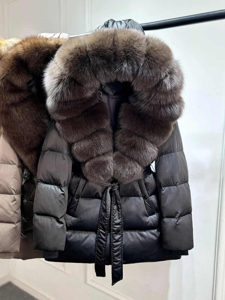 2025 New Natural Thick Warm 90% White Goose Down Coat Long Winter Jacket Women Real Big Fox Fur Collar Belt Loose Puffer Parka
