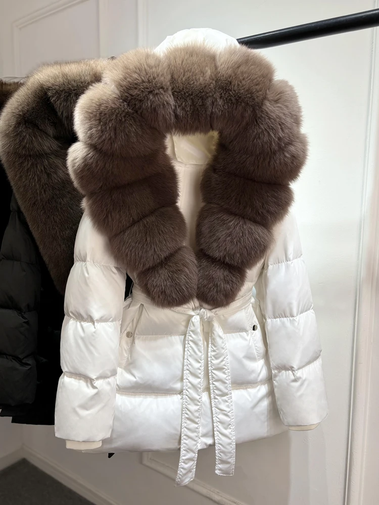 2025 New Natural Thick Warm 90% White Goose Down Coat Long Winter Jacket Women Real Big Fox Fur Collar Belt Loose Puffer Parka
