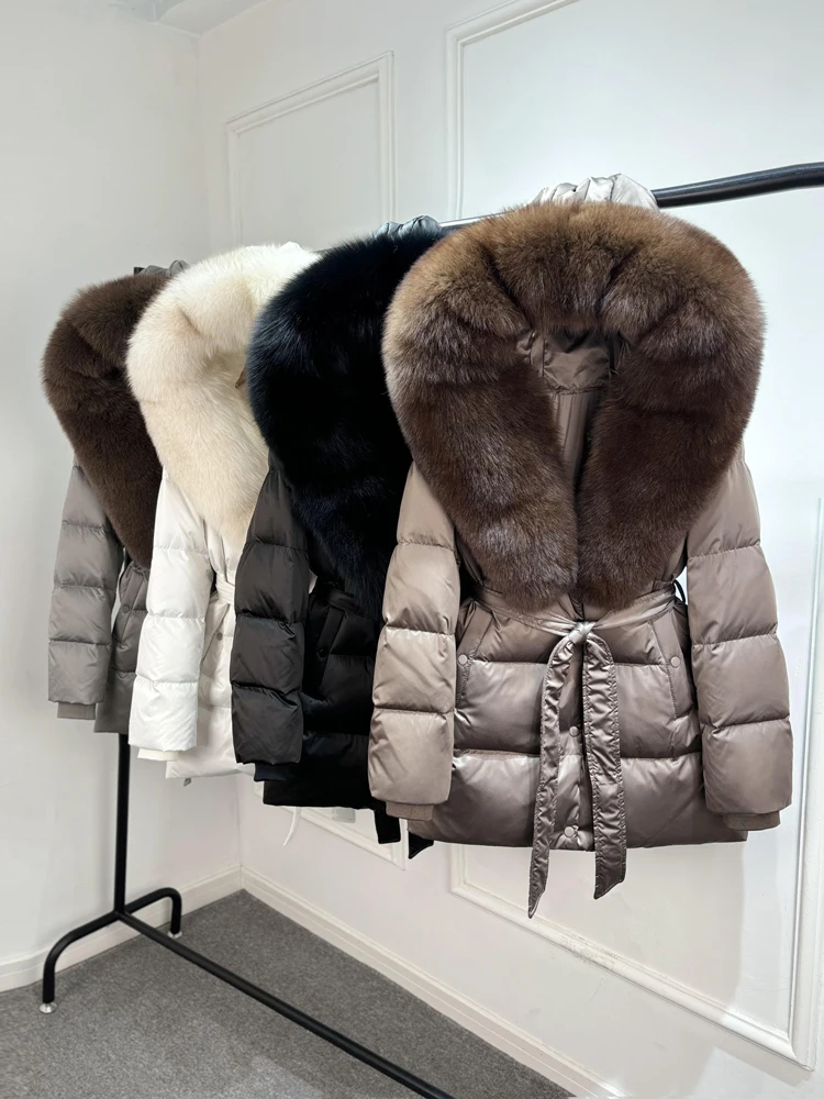 2025 New Natural Thick Warm 90% White Goose Down Coat Long Winter Jacket Women Real Big Fox Fur Collar Belt Loose Puffer Parka