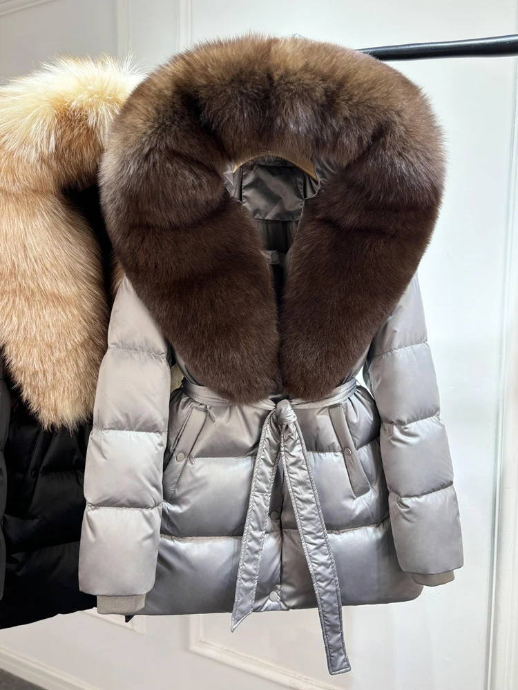 2025 New Natural Thick Warm 90% White Goose Down Coat Long Winter Jacket Women Real Big Fox Fur Collar Belt Loose Puffer Parka