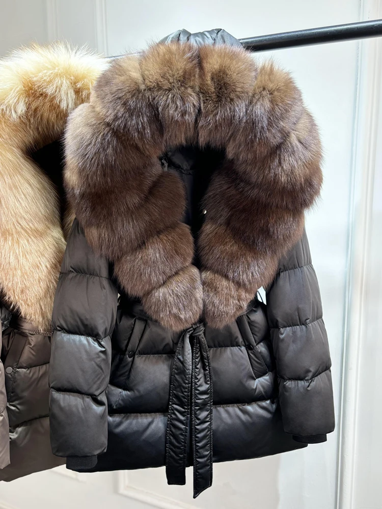 2025 New Natural Thick Warm 90% White Goose Down Coat Long Winter Jacket Women Real Big Fox Fur Collar Belt Loose Puffer Parka