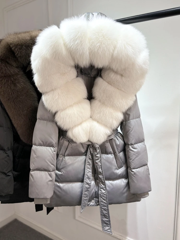 2025 New Natural Thick Warm 90% White Goose Down Coat Long Winter Jacket Women Real Big Fox Fur Collar Belt Loose Puffer Parka