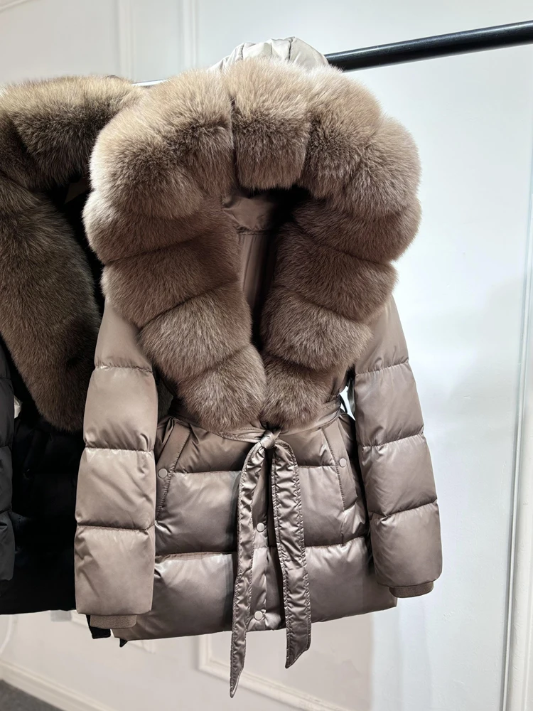 2025 New Natural Thick Warm 90% White Goose Down Coat Long Winter Jacket Women Real Big Fox Fur Collar Belt Loose Puffer Parka