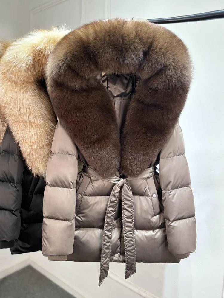 2025 New Natural Thick Warm 90% White Goose Down Coat Long Winter Jacket Women Real Big Fox Fur Collar Belt Loose Puffer Parka