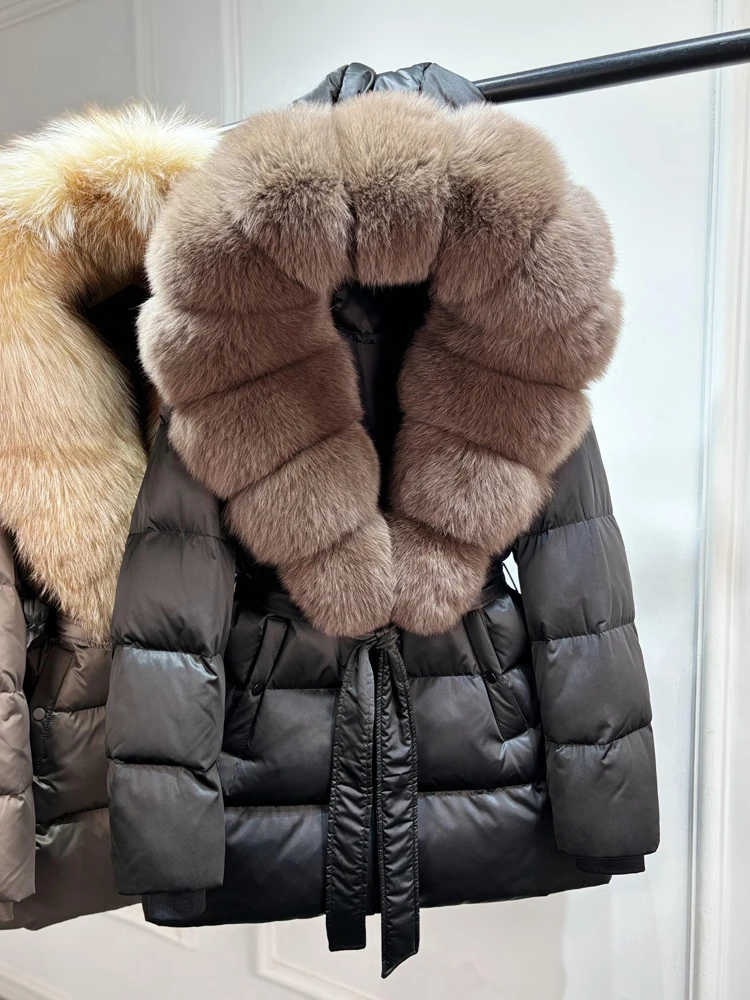2025 New Natural Thick Warm 90% White Goose Down Coat Long Winter Jacket Women Real Big Fox Fur Collar Belt Loose Puffer Parka