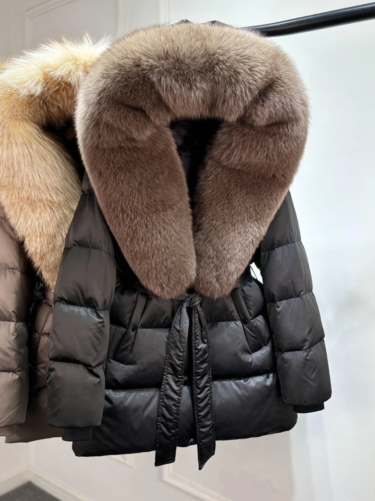 2025 New Natural Thick Warm 90% White Goose Down Coat Long Winter Jacket Women Real Big Fox Fur Collar Belt Loose Puffer Parka