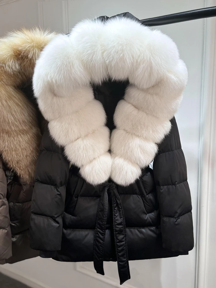 2025 New Natural Thick Warm 90% White Goose Down Coat Long Winter Jacket Women Real Big Fox Fur Collar Belt Loose Puffer Parka