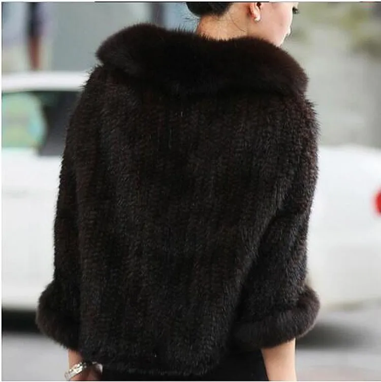Autumn Winter Ladies' Genuine Knitted Mink Fur Shawls Fox Fur Collar Women Fur Pashmina Wraps Bridal Cape Coat Jacket