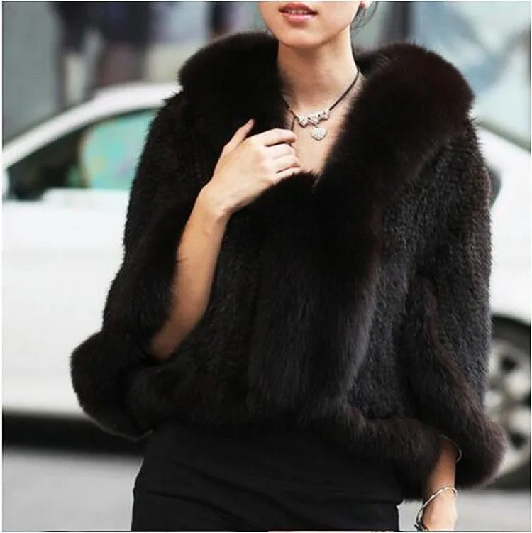 Autumn Winter Ladies' Genuine Knitted Mink Fur Shawls Fox Fur Collar Women Fur Pashmina Wraps Bridal Cape Coat Jacket