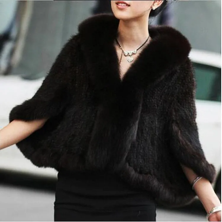 Autumn Winter Ladies' Genuine Knitted Mink Fur Shawls Fox Fur Collar Women Fur Pashmina Wraps Bridal Cape Coat Jacket