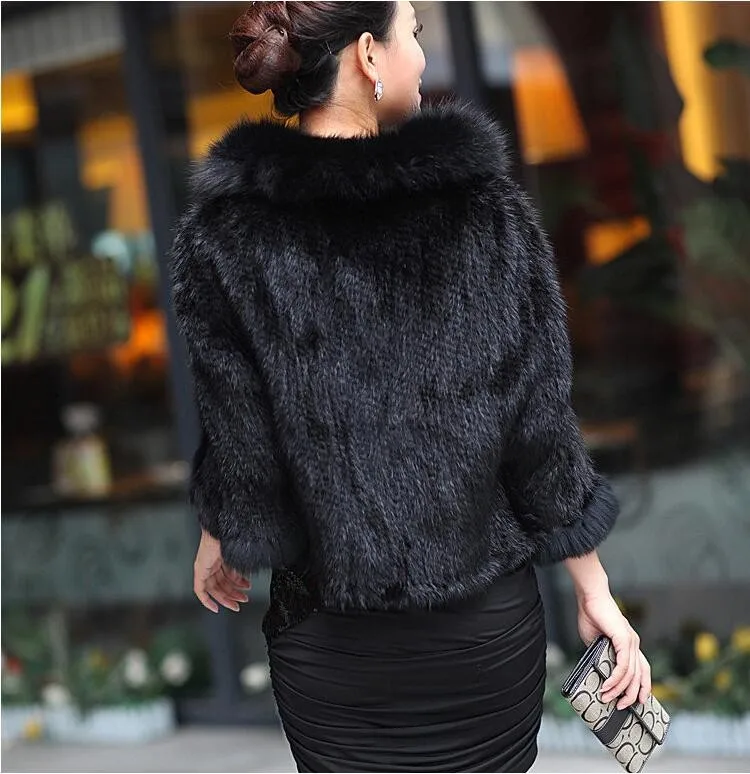 Autumn Winter Ladies' Genuine Knitted Mink Fur Shawls Fox Fur Collar Women Fur Pashmina Wraps Bridal Cape Coat Jacket