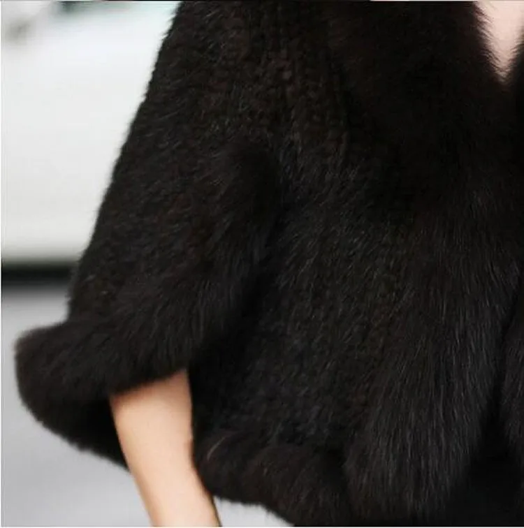 Autumn Winter Ladies' Genuine Knitted Mink Fur Shawls Fox Fur Collar Women Fur Pashmina Wraps Bridal Cape Coat Jacket