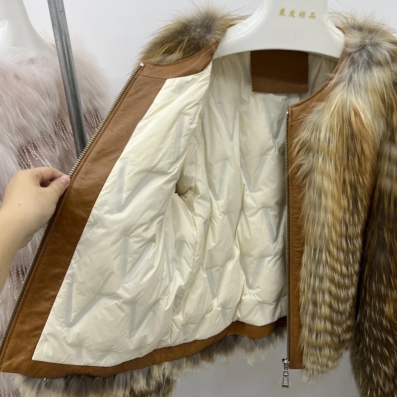 Winter Women Natural Real Red Fox Fur Strip Sewed Toghter With Genuine Leather Down Jackets Female Luxury Thick Warm Outerwear