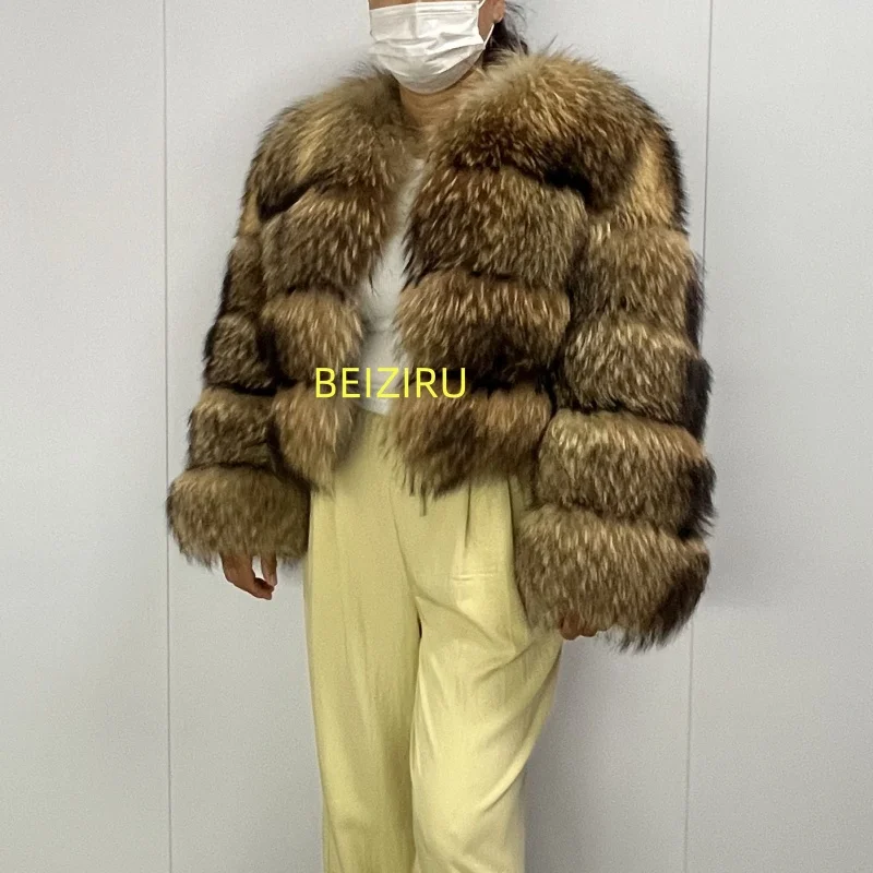 BEIZIRU Women's Real Raccoon Fur Coat Winter Long Sleeve Hooded Jacket with Turndown Collar Natural Luxury Thick Top
