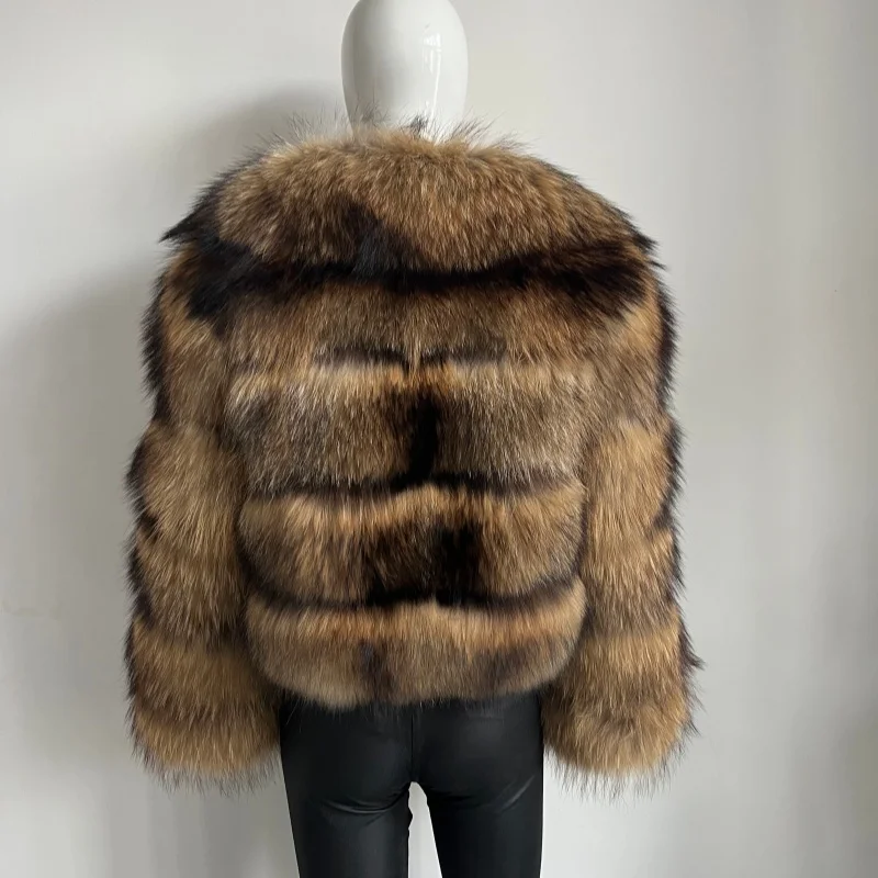 BEIZIRU Women's Real Raccoon Fur Coat Winter Long Sleeve Hooded Jacket with Turndown Collar Natural Luxury Thick Top