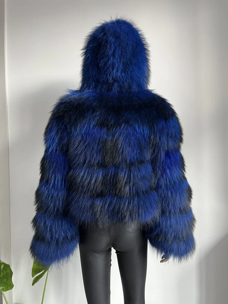 BEIZIRU Women's Real Raccoon Fur Coat Winter Long Sleeve Hooded Jacket with Turndown Collar Natural Luxury Thick Top
