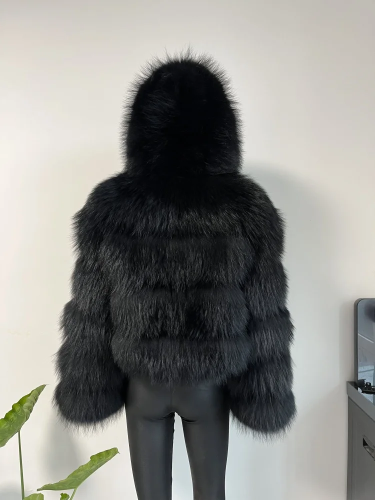 BEIZIRU Women's Real Raccoon Fur Coat Winter Long Sleeve Hooded Jacket with Turndown Collar Natural Luxury Thick Top