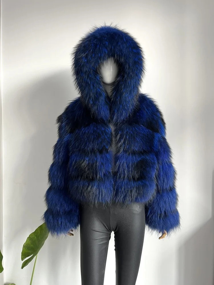 BEIZIRU Women's Real Raccoon Fur Coat Winter Long Sleeve Hooded Jacket with Turndown Collar Natural Luxury Thick Top